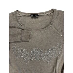 Rock & Republic Women's Gray Skull Wings Rhinestone Sweatshirt Size S